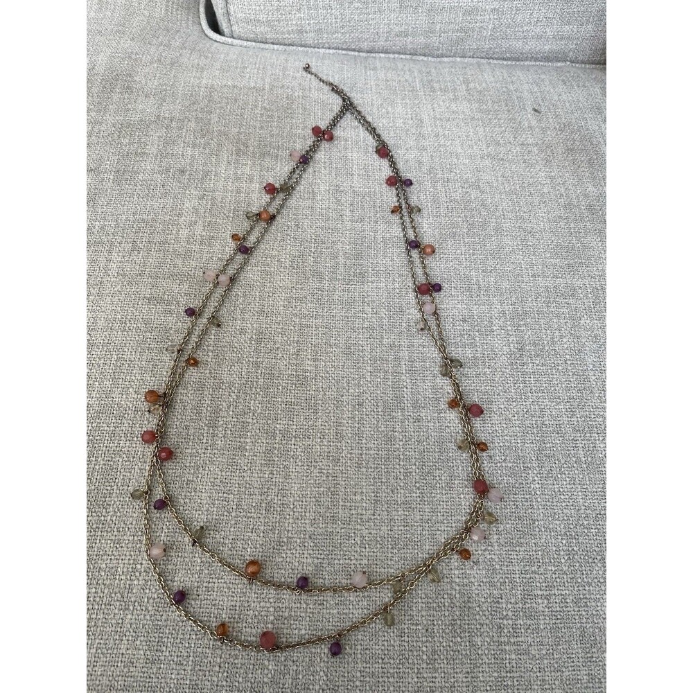 Bohemian Double Strand Long Beaded Multicolor Necklace Gold Tone Chain 36 In